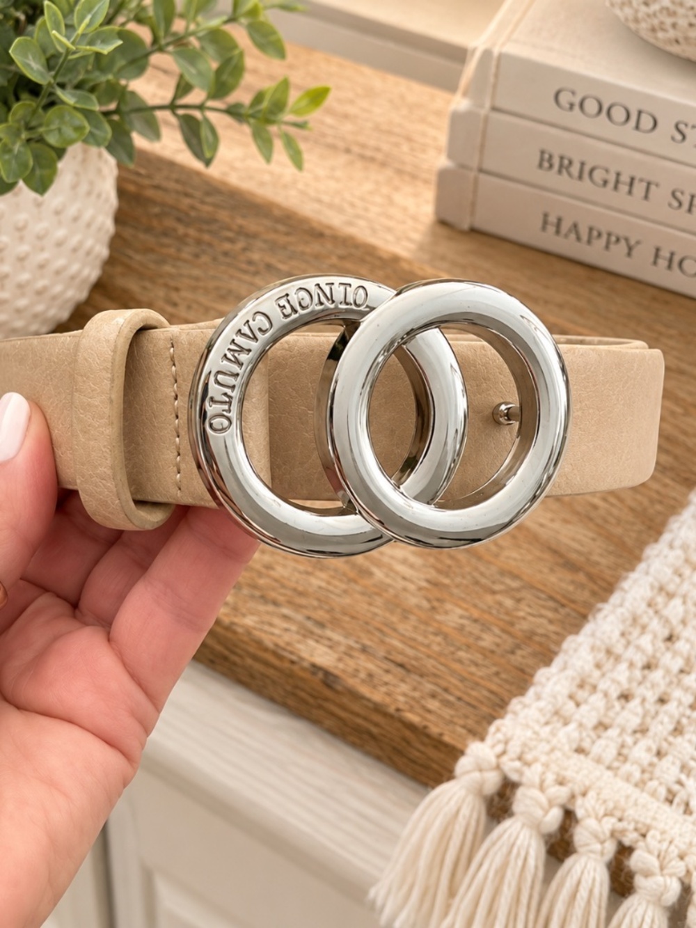 Vince Camuto Women's Double Ring Buckle Belt, Cream Color, Size Small